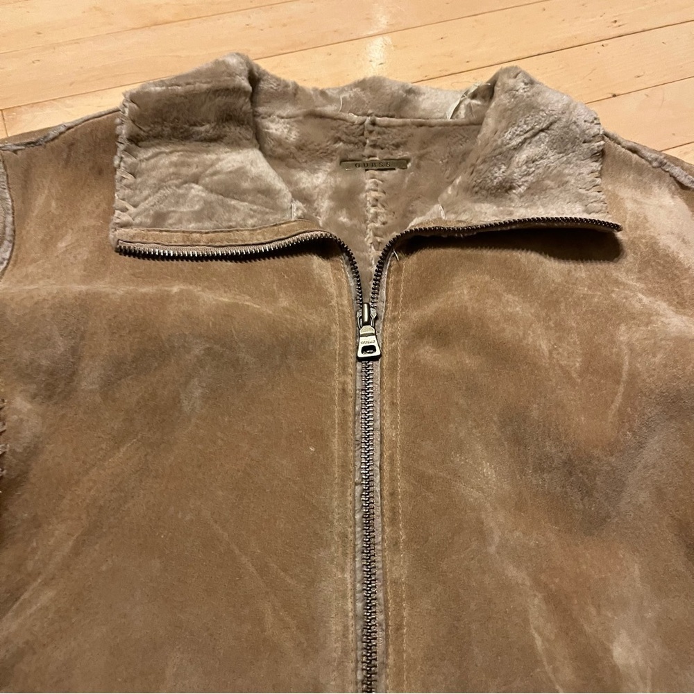 Vintage Guess Jacket Womens Small Tan Genuine Leather Faux Fur Lined Suede Y2K - Picture 3 of 10